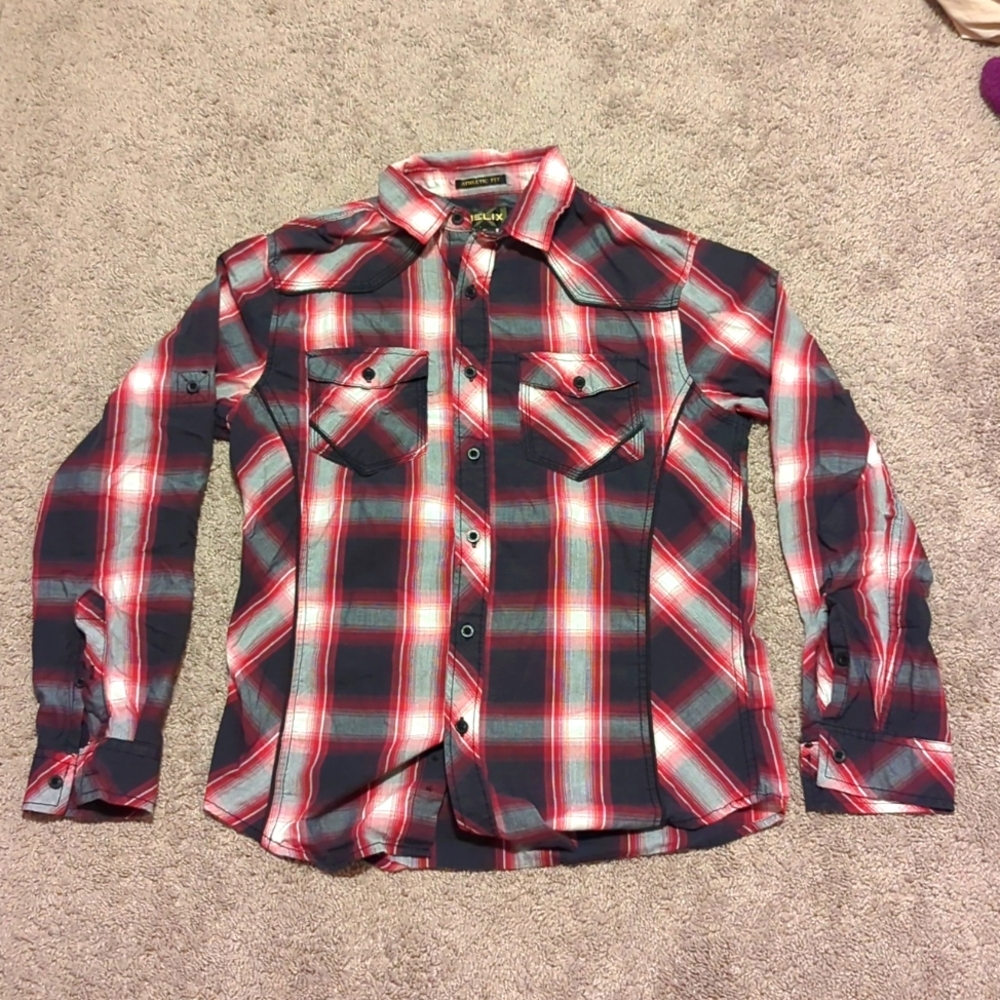 Men Small Helix Black Red Plaid Button Up Shirt Athletic Fit